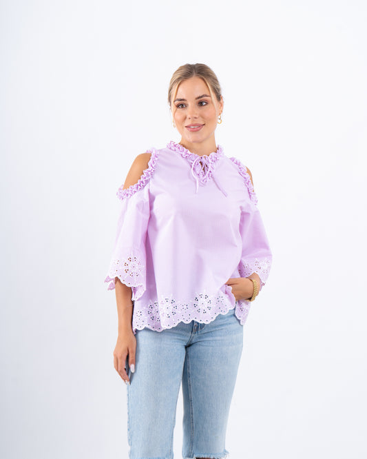 Striped Lace Open-Shoulder Top