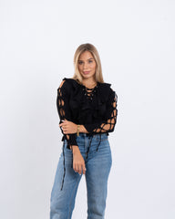 Lace-Up Blouse With Ruffle Detail
