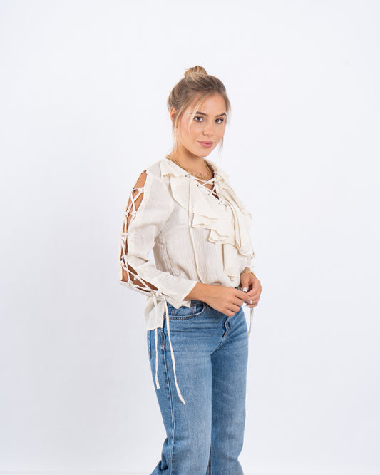 Lace-Up Blouse With Ruffle Detail