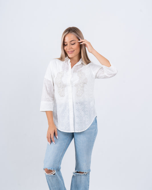 Embroidered Eyelet Button-Up Shirt
