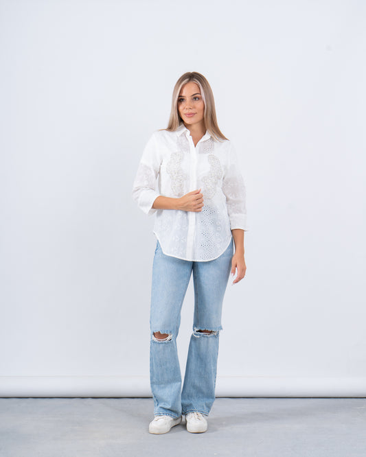 Embroidered Eyelet Button-Up Shirt