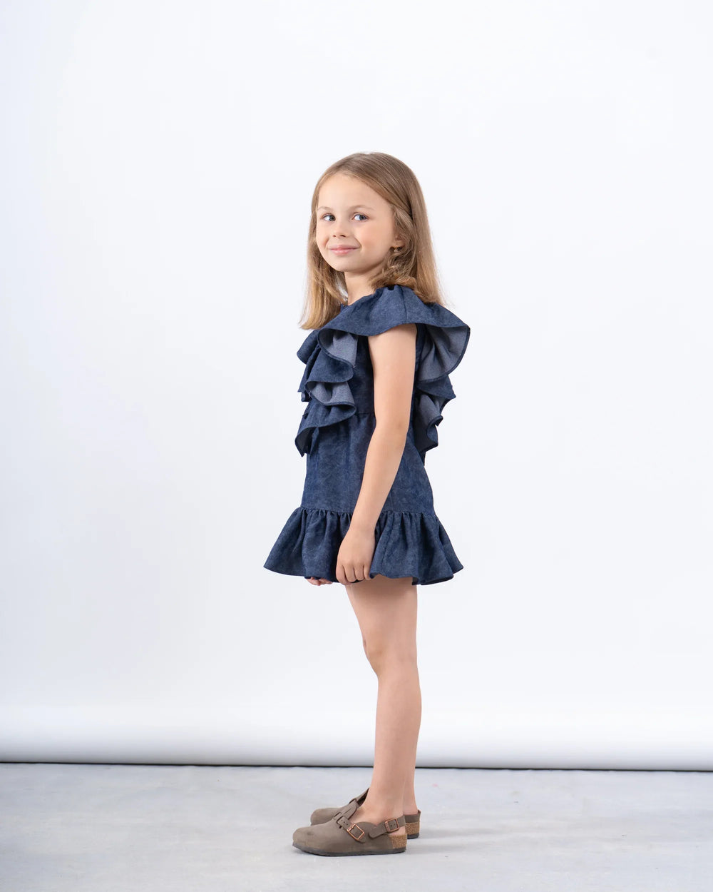 Ruffled Denim-Effect Dress with Ribbon Details - Venti
