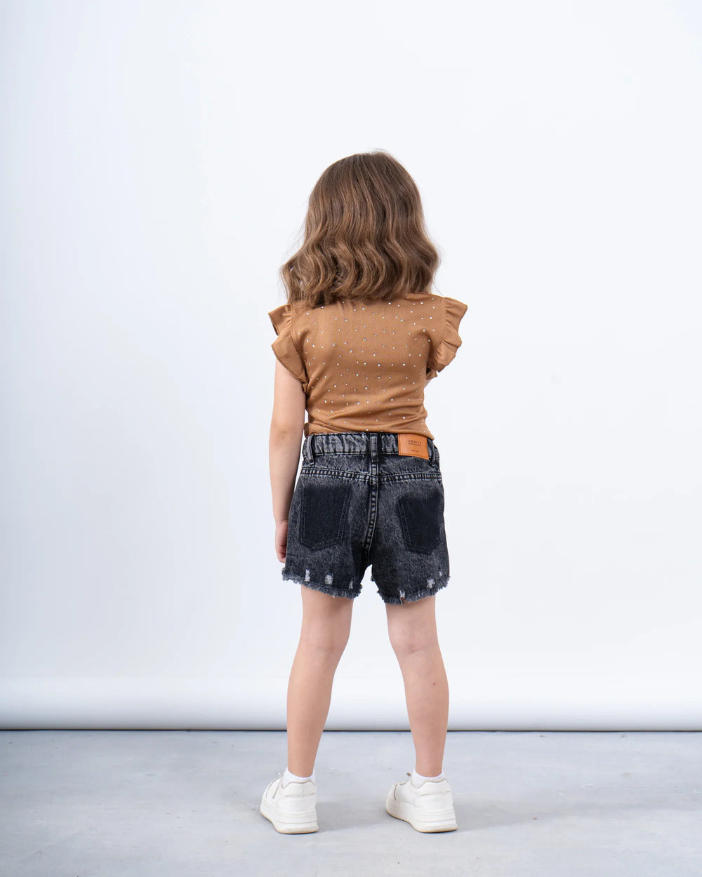 Ruffle Sleeve Embellished Ribbed Top - Venti