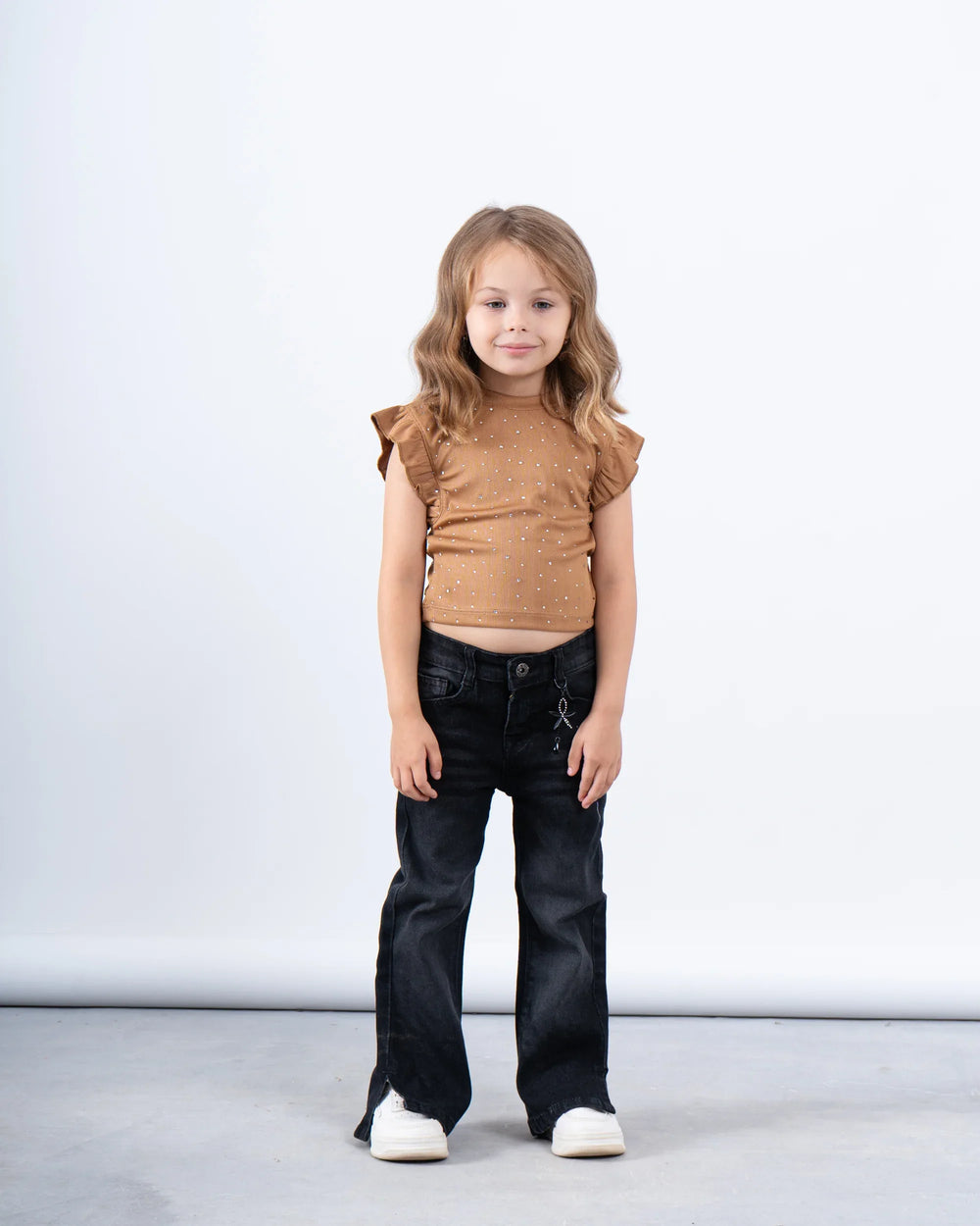 Ruffle Sleeve Embellished Ribbed Top - Venti