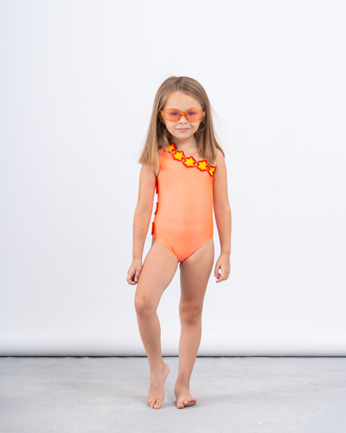 One-Shoulder Crochet Flower Trim Swimsuit