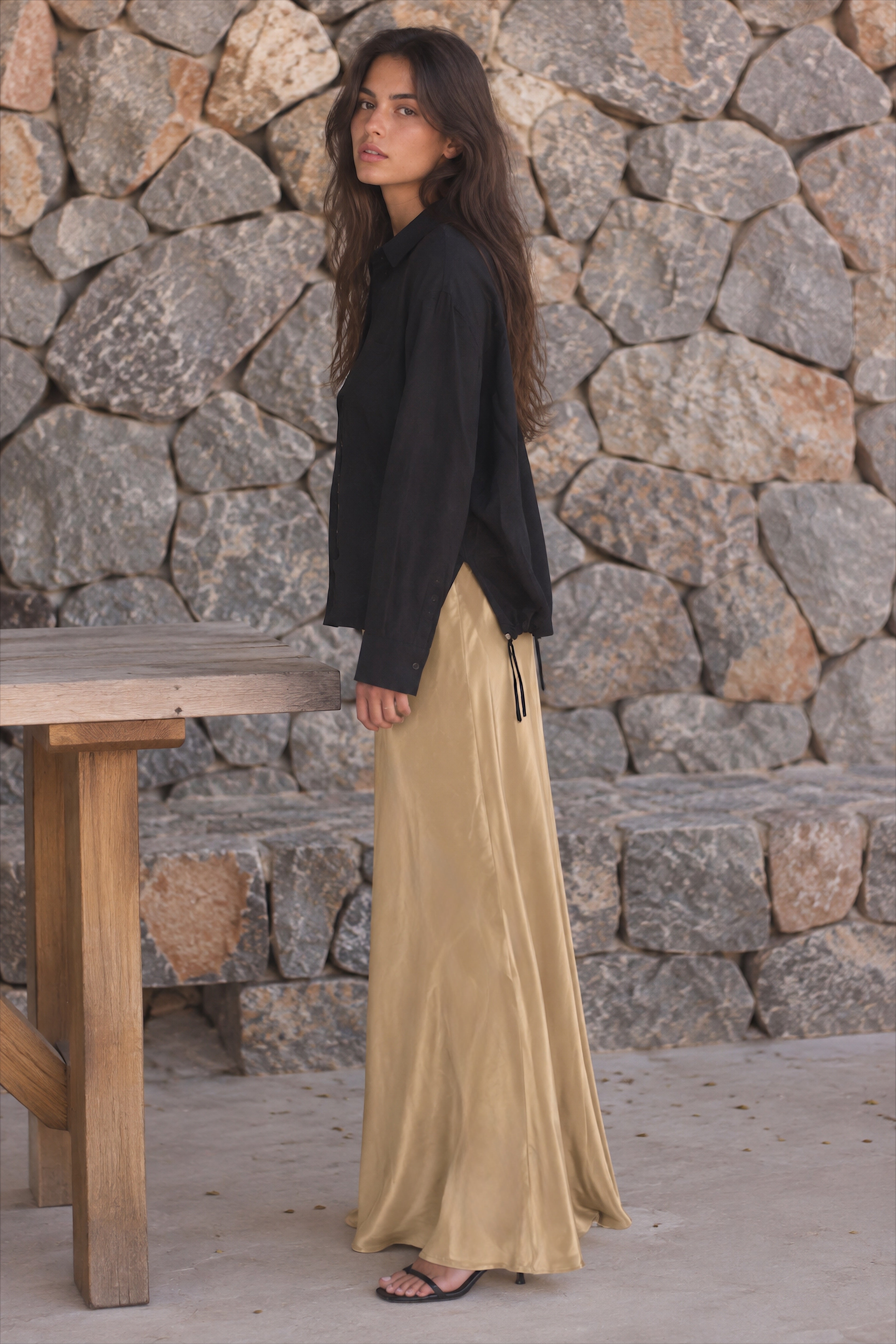 Women silk feel solid skirt