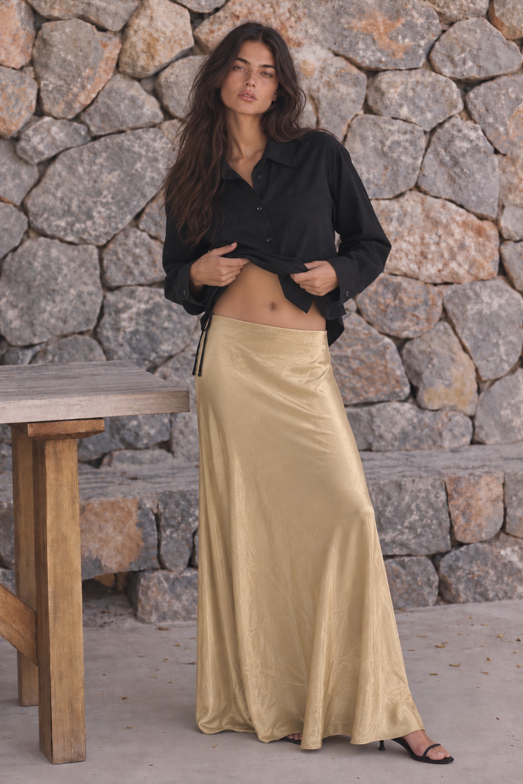 Women silk feel solid skirt