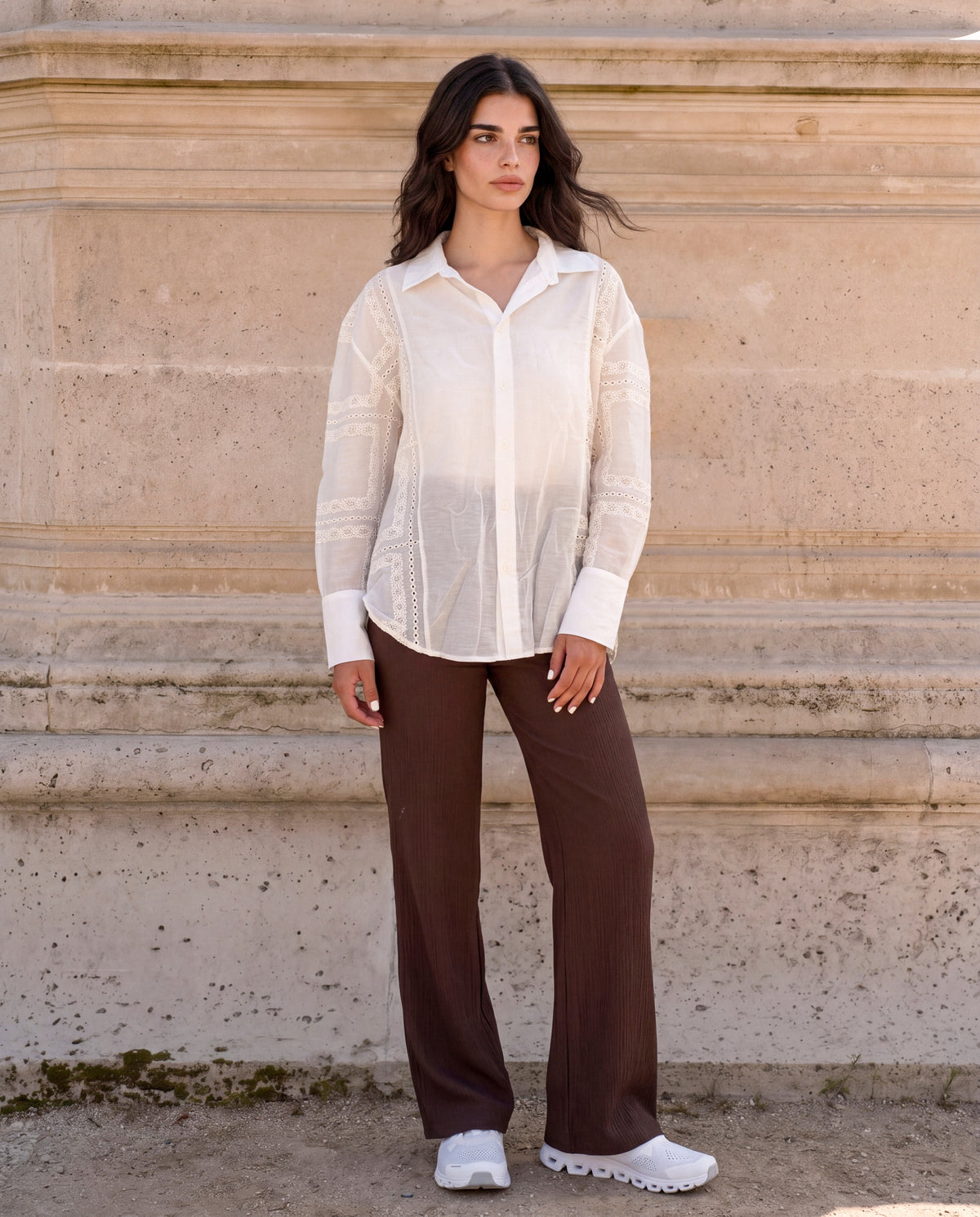 Woman Embroidered Sheer Button-Down