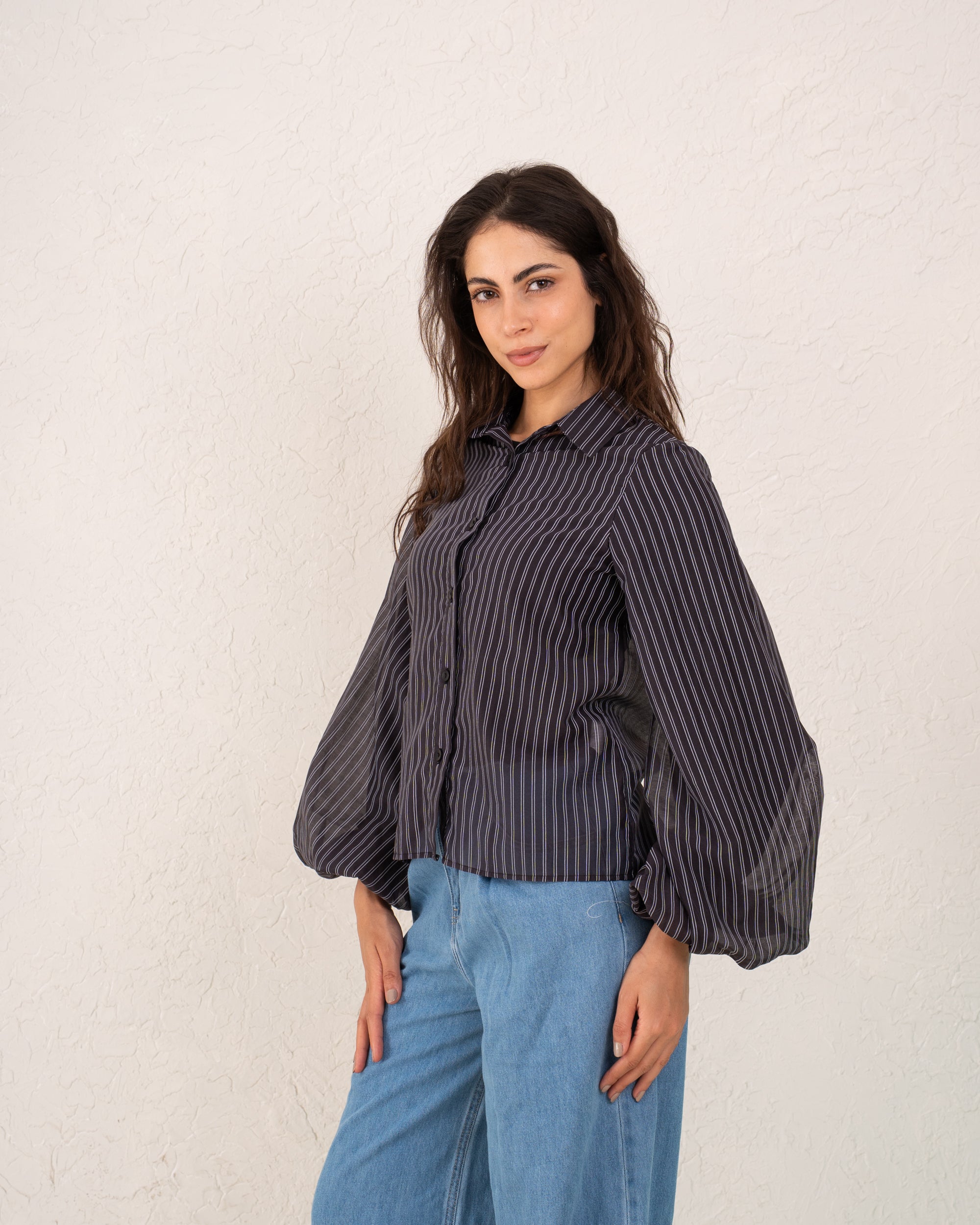 Women strip puff sleeve