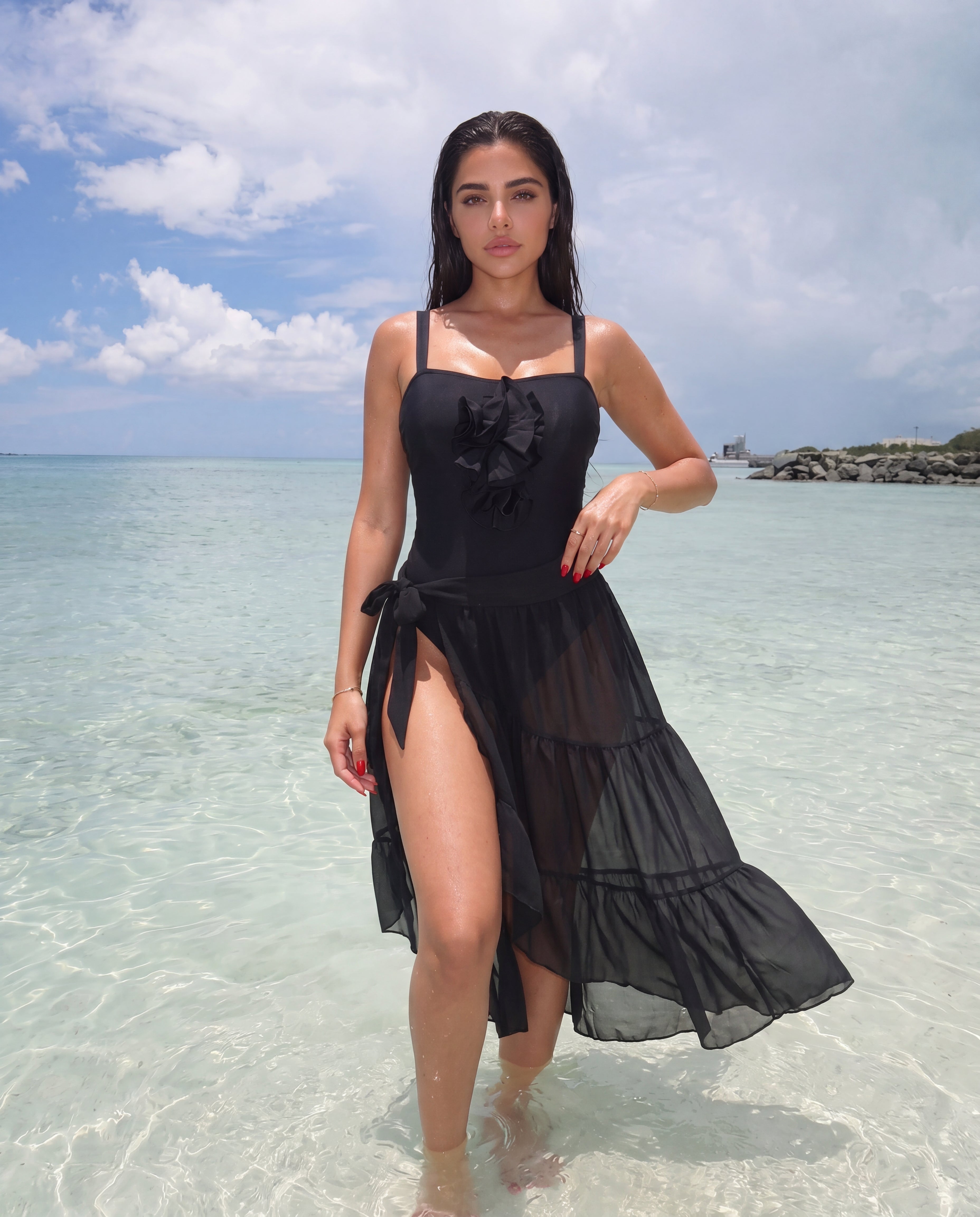 Women's Ruffled One-Piece & Tiered Mesh Sarong Set