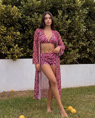 Women's Pink Leopard Three-Piece Swimsuit & Kimono Set