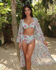 Women's Mint &amp; Floral Chain Print Three-Piece Bikini & Kimono Set