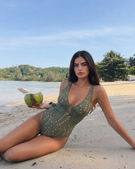 Women's Deep V-Neck Belted One-Piece Swimsuit