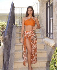 Terracotta Textured Halter Bikini & Palm Sarong Set