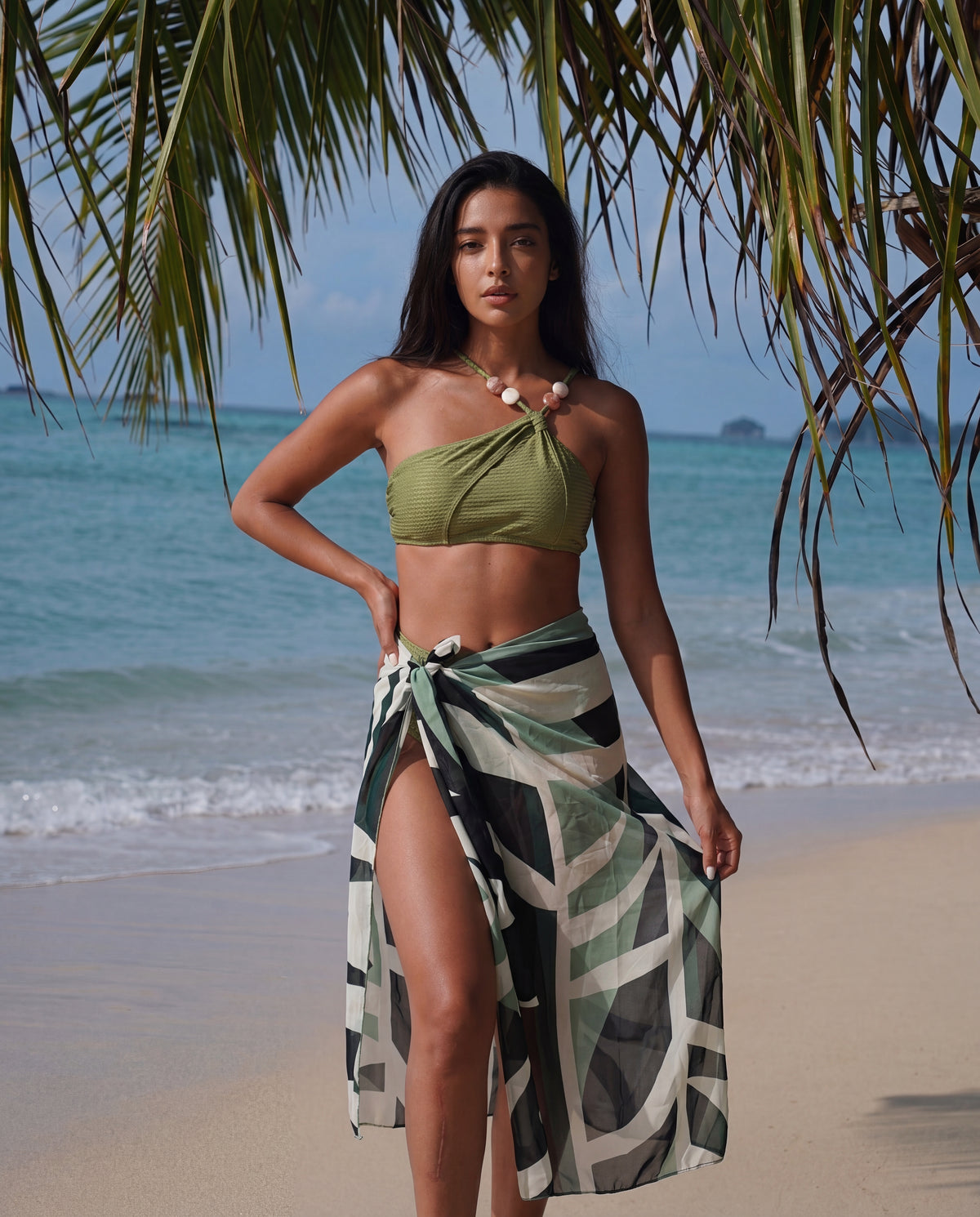 Sage Green Textured Halter Bikini & Matching Sarong Set