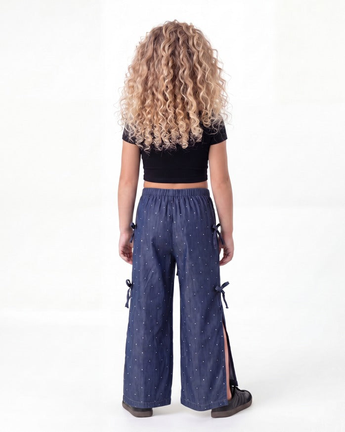 Sparkling Denim-Like Pants With Side Slit