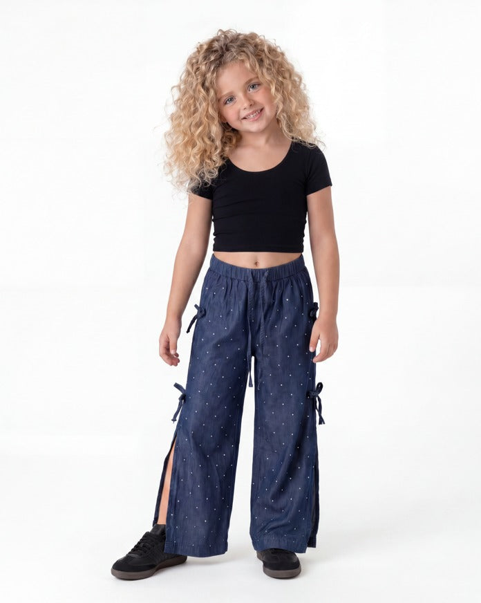 Sparkling Denim-Like Pants With Side Slit