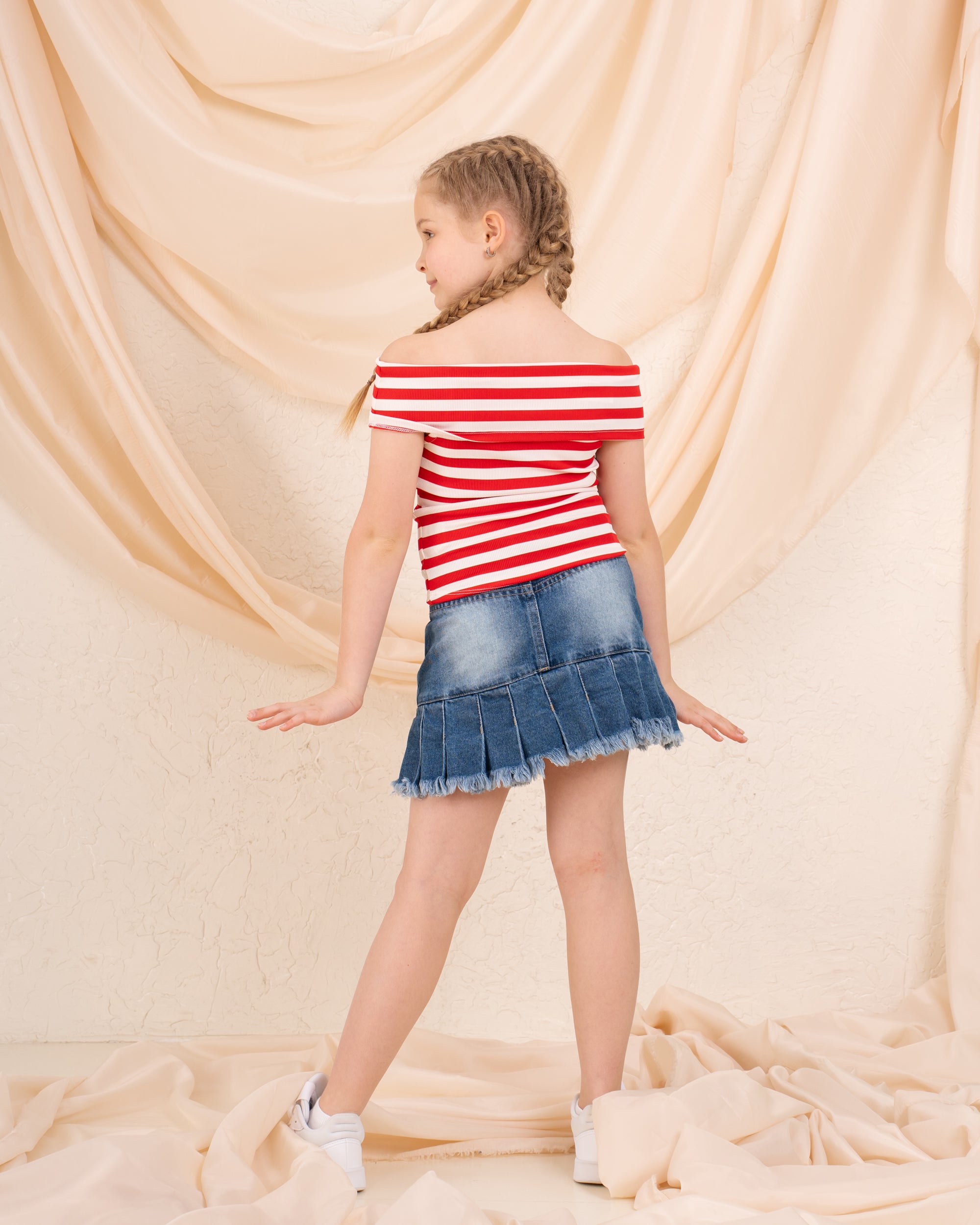 Girl striped low shoulder top