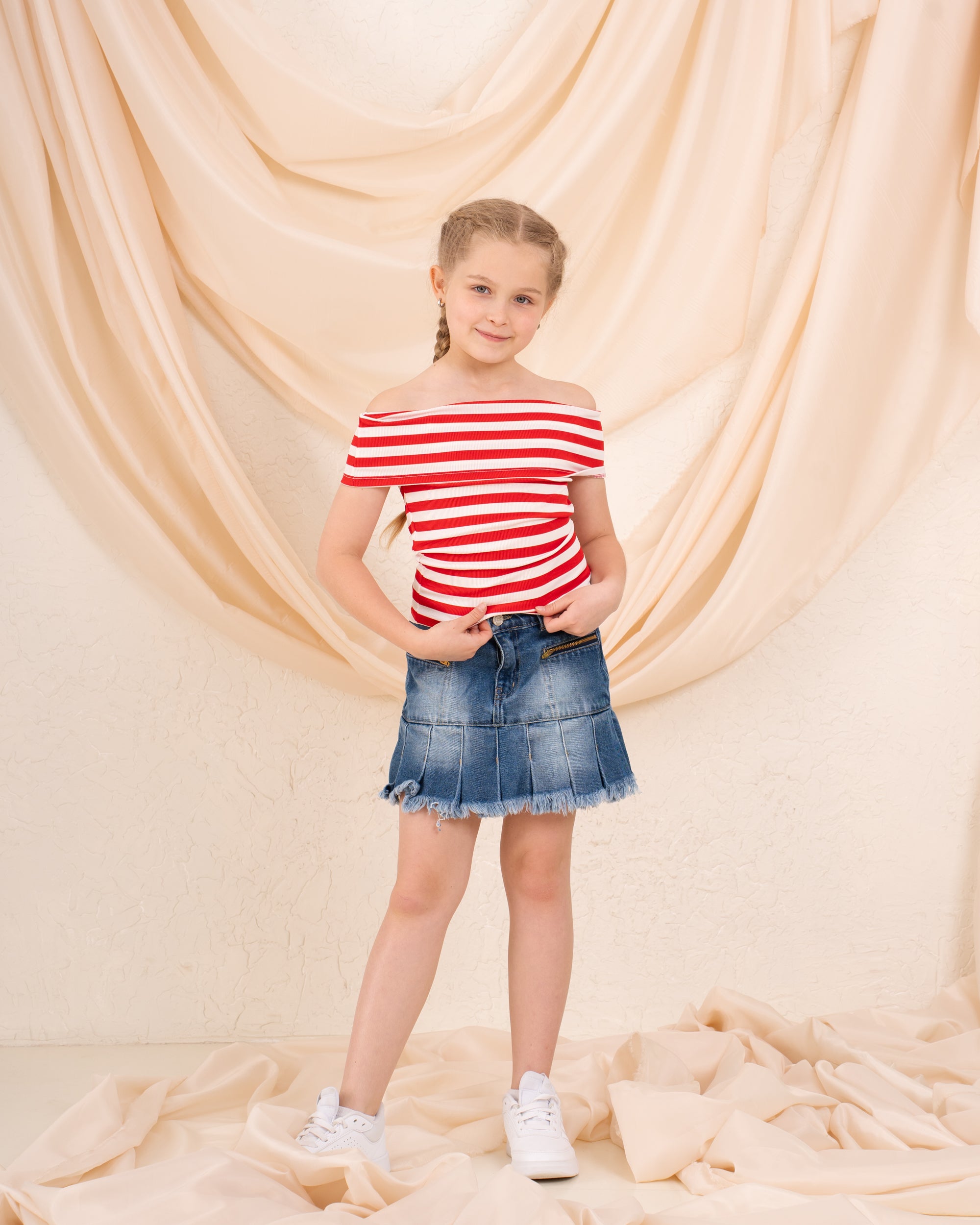 Girl striped low shoulder top