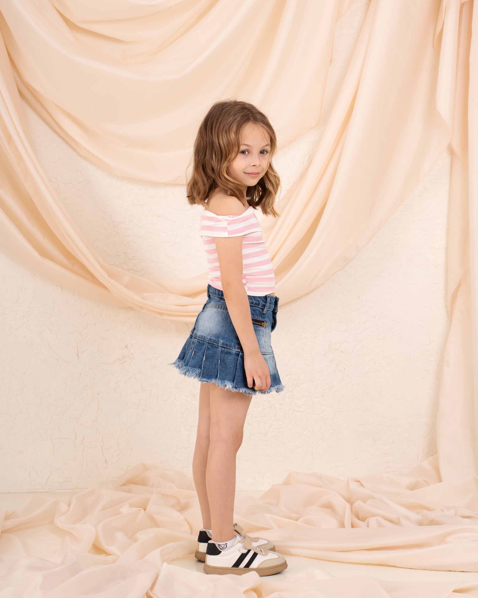 Girl striped low shoulder top