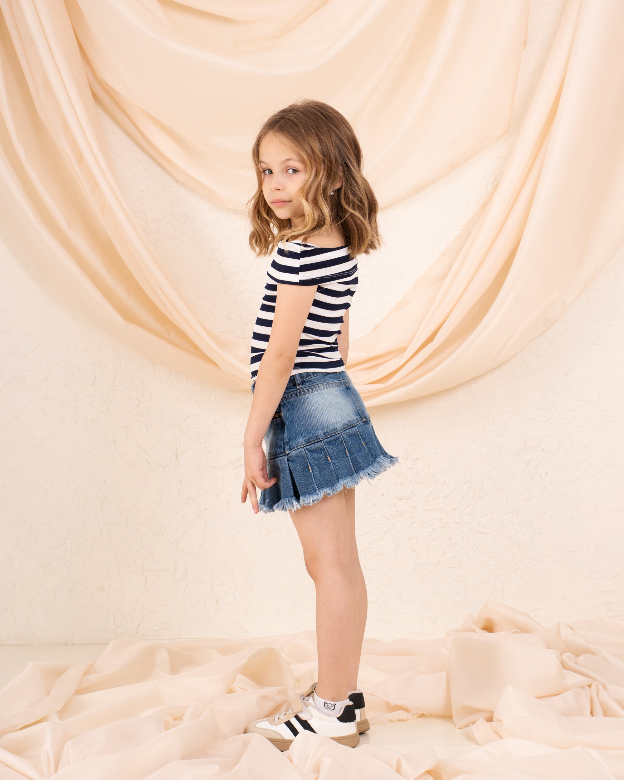 Girl striped low shoulder top