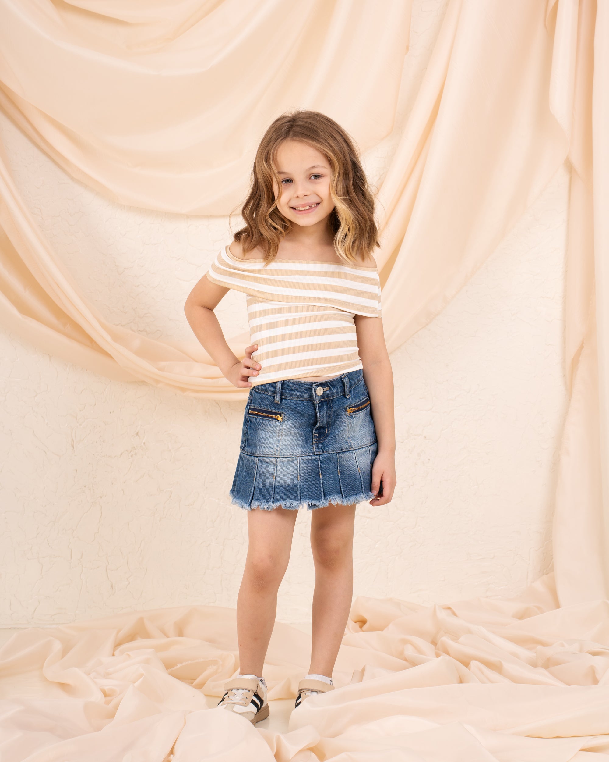Girl striped low shoulder top