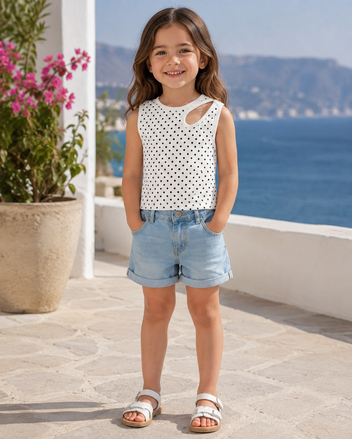 Girl open shoulder polka top
