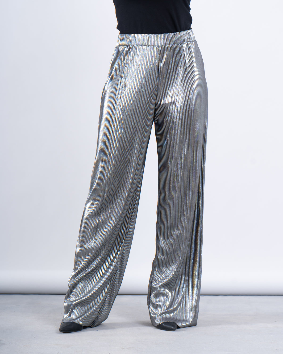 Metallic Pleated Wide-Leg Pants