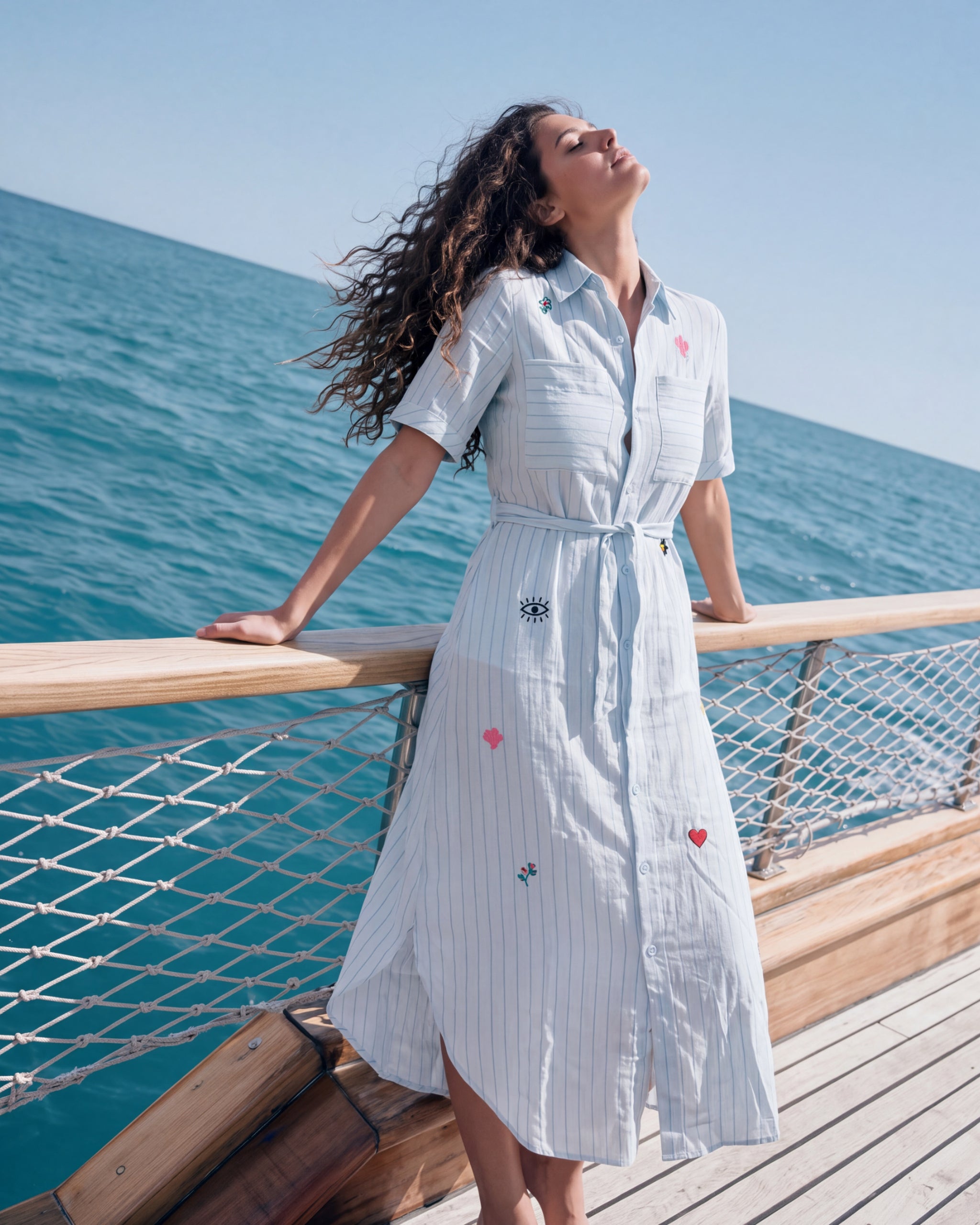 Women's "Postcard Edit" Shirt Dress - Embroidered Motif Patches, Belted Maxi Fit
