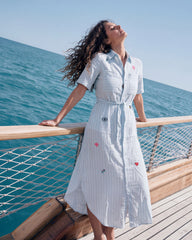 Women's "Postcard Edit" Shirt Dress - Embroidered Motif Patches, Belted Maxi Fit
