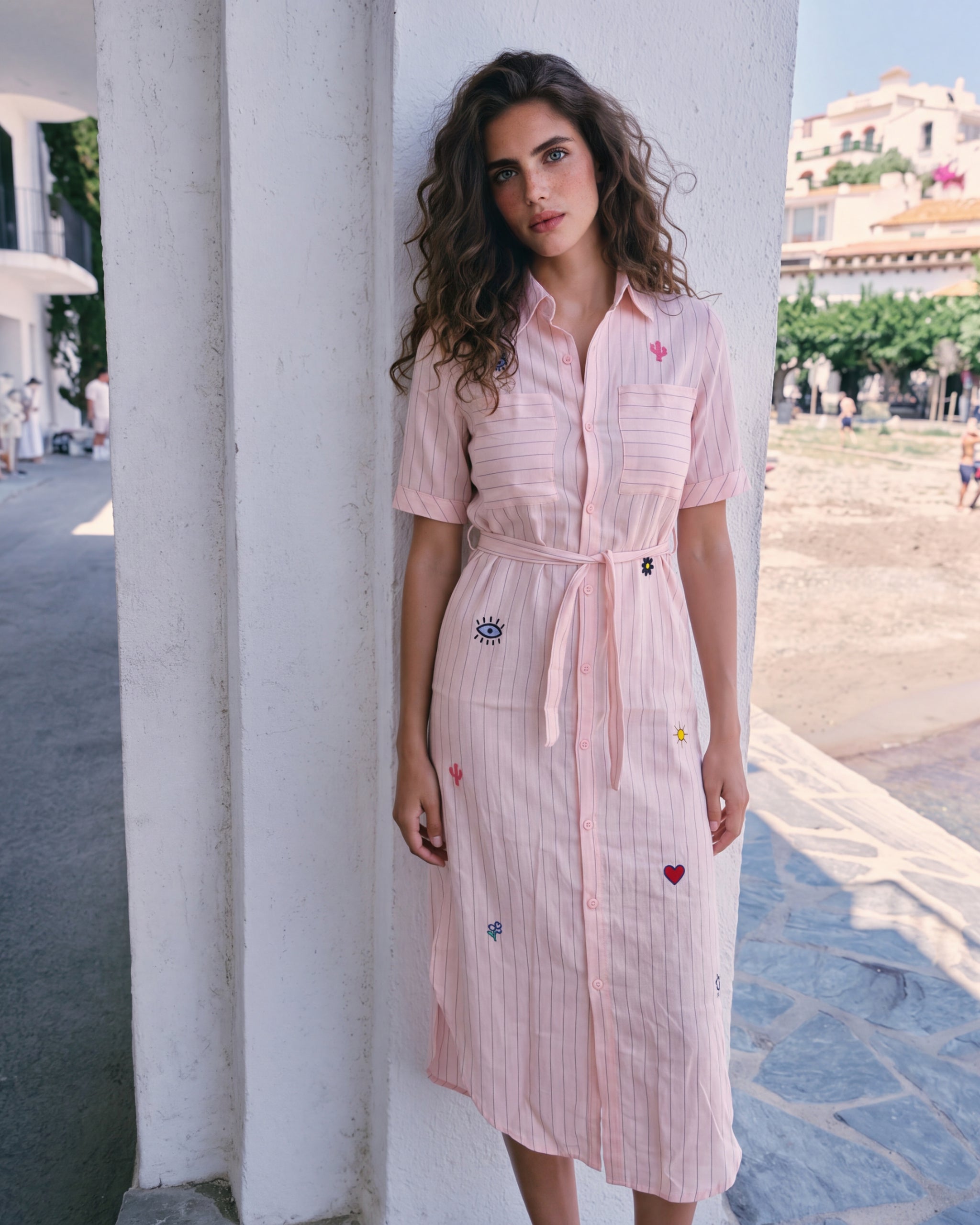Women's "Postcard Edit" Shirt Dress - Embroidered Motif Patches, Belted Maxi Fit