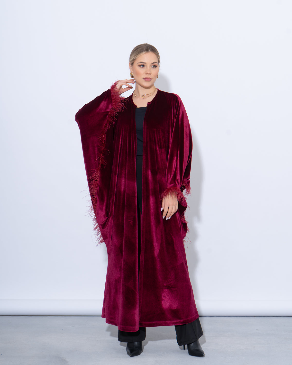 Feather-Trim Velvet Kaftan