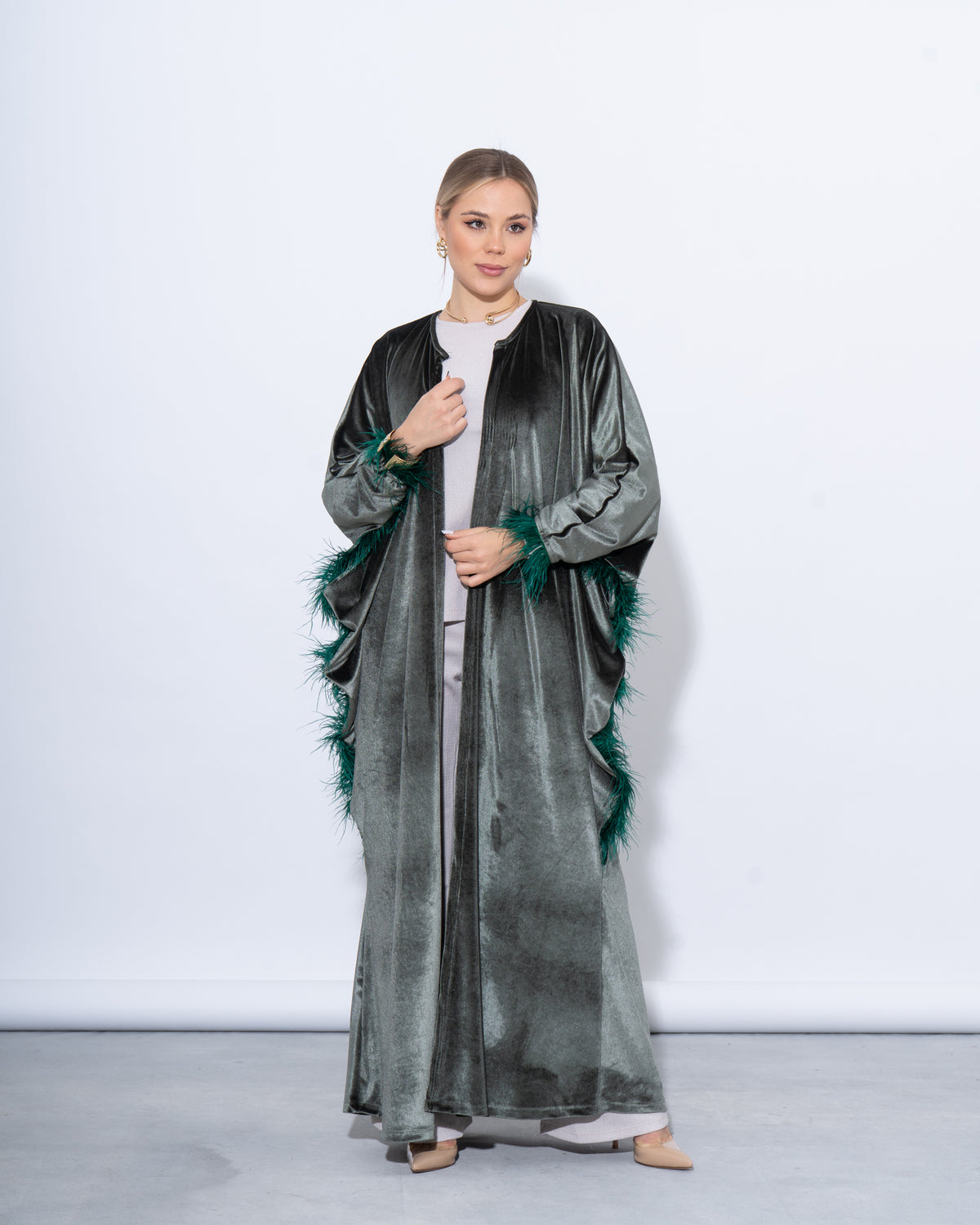 Feather-Trim Velvet Kaftan