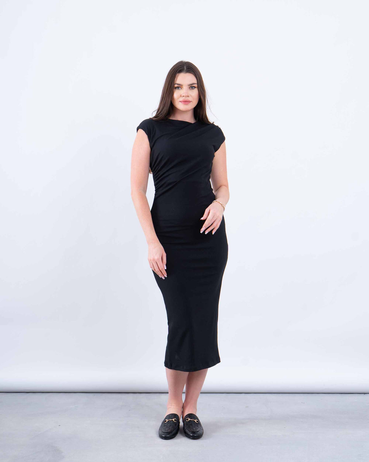 Draped Shoulder Bodycon Midi Dress