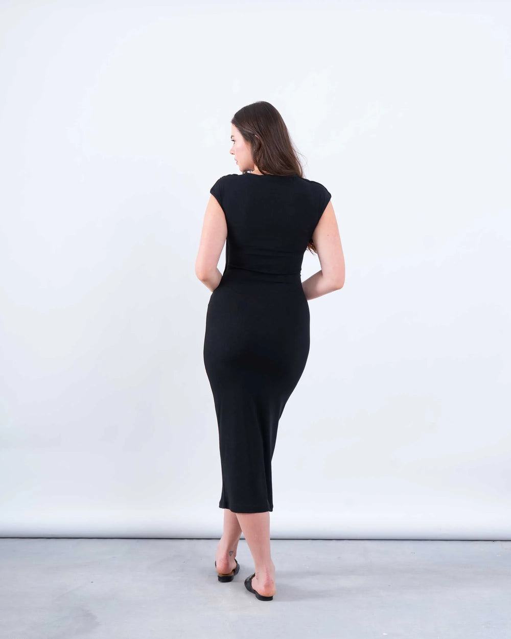 Draped Shoulder Bodycon Midi Dress - Venti