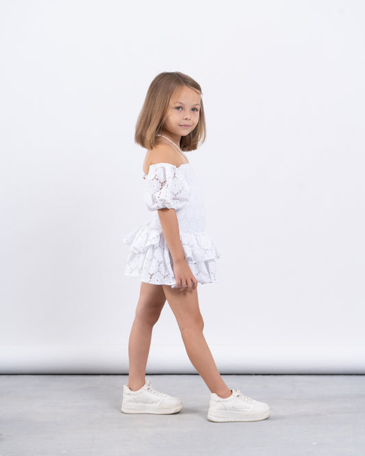 Off-Shoulder Smocked Lace Dress