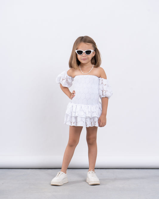 Off-Shoulder Smocked Lace Dress