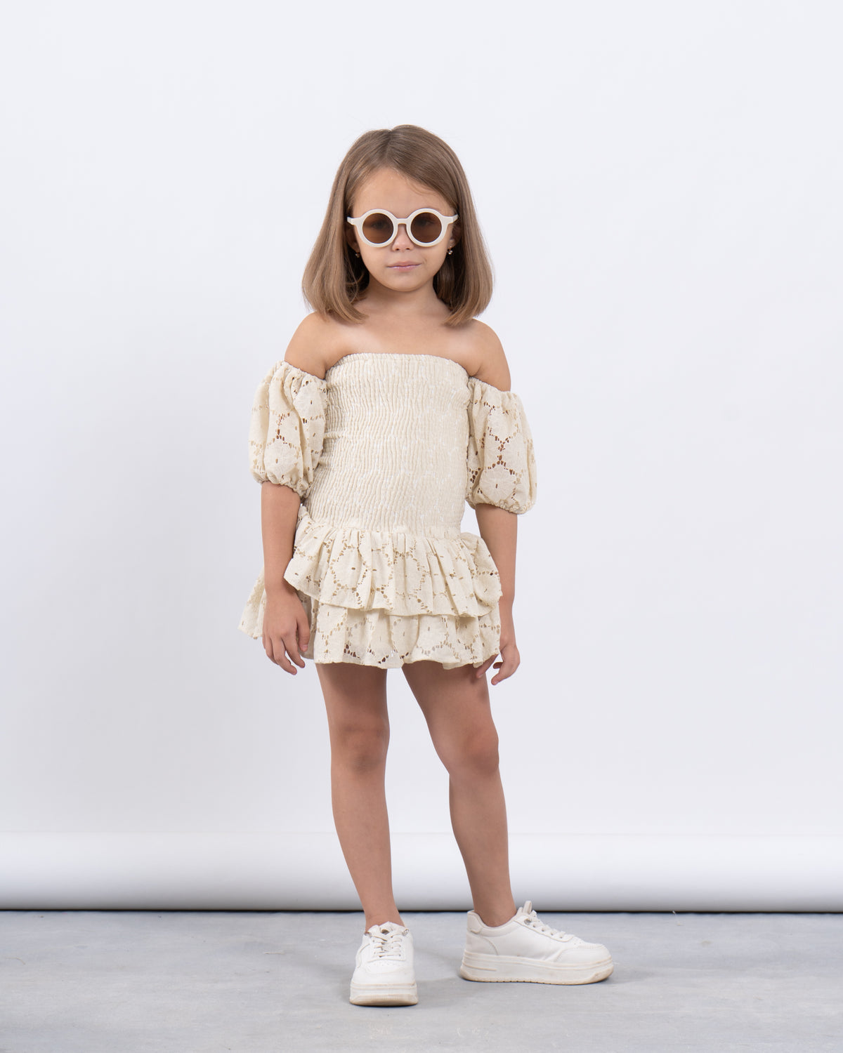 Off-Shoulder Smocked Lace Dress
