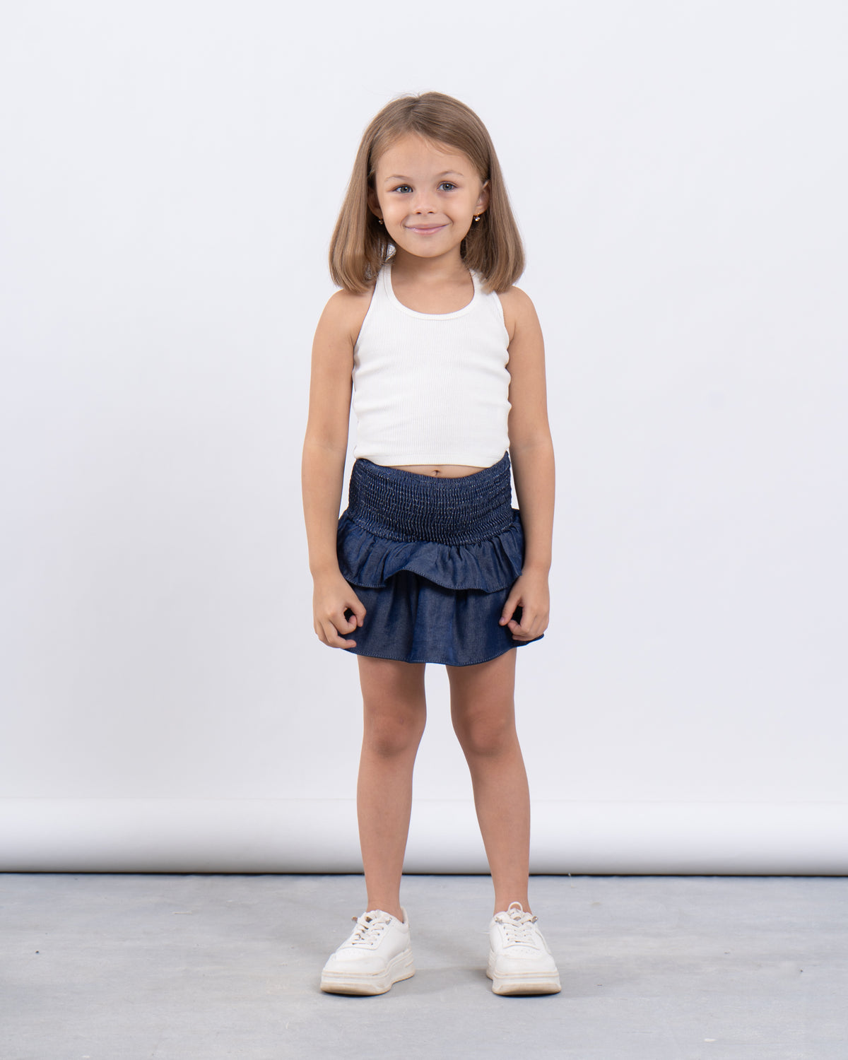 Smocked Waist Denim-Effect Skirt