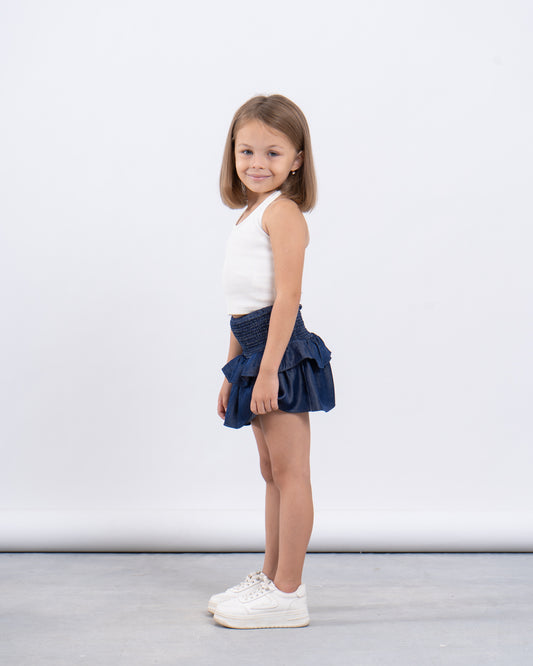 Smocked Waist Denim-Effect Skirt