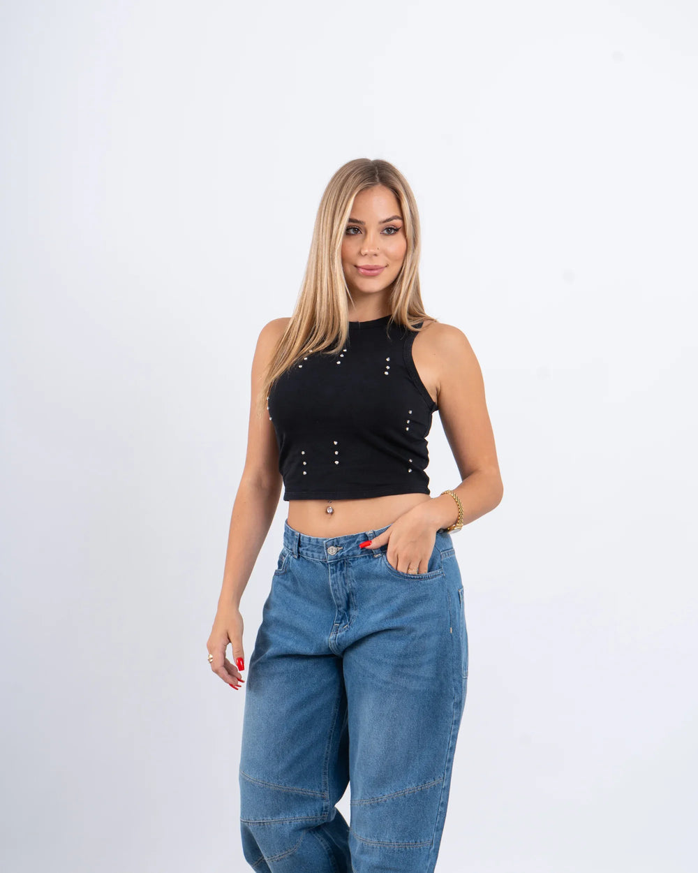 Rhinestone Embellished Cropped Tank Top - Venti