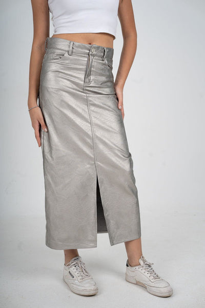 WOMEN LEATHER MAXI SKIRT 439302 SILVER from venti